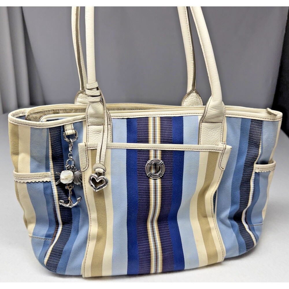 Brighton Cruz Nautical Stripe Tote Bag Blue White Canvas Leather Shoulder Purse